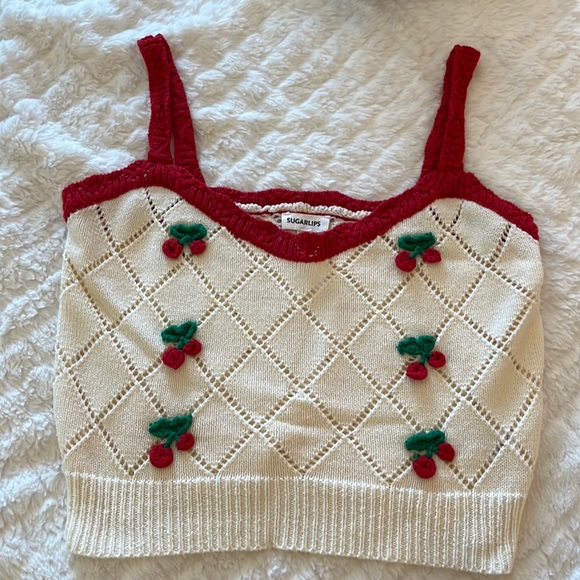 Never worn Cream Sweater tank top with embroidered cherries - Picture 1 of 5